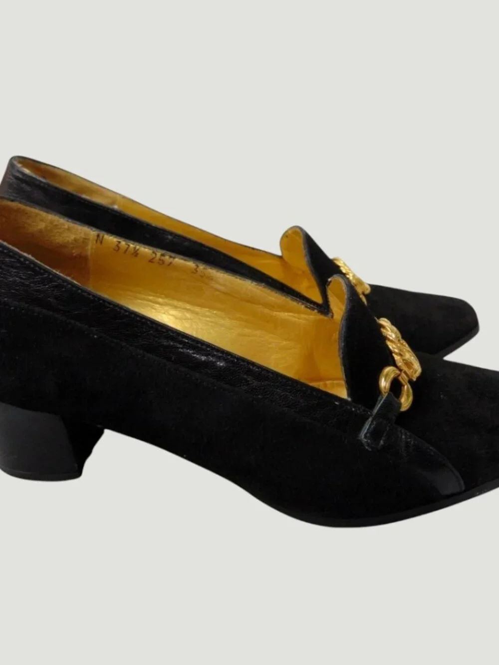 Vintage Alberto Gozzi Horsebit Heels Black Suede Italy 7.5 Gold Hardware